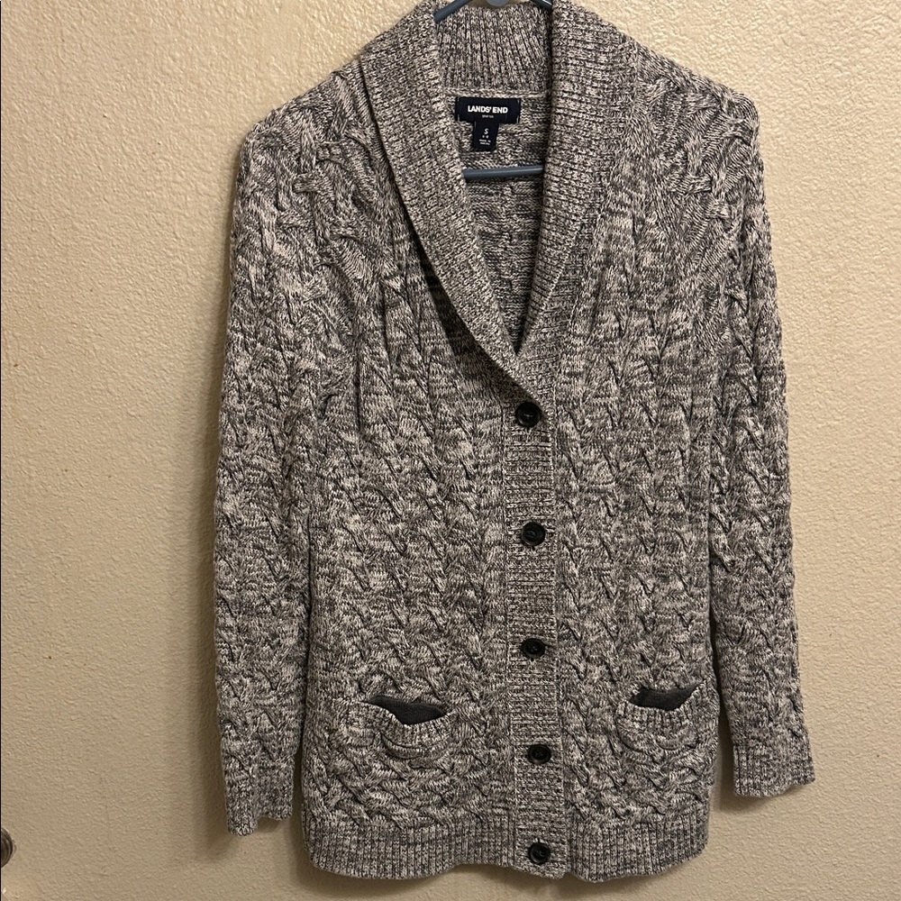 Lands’End Drifter Women Gray Thick Knit Button Down Cardigan Sweater Size Small
